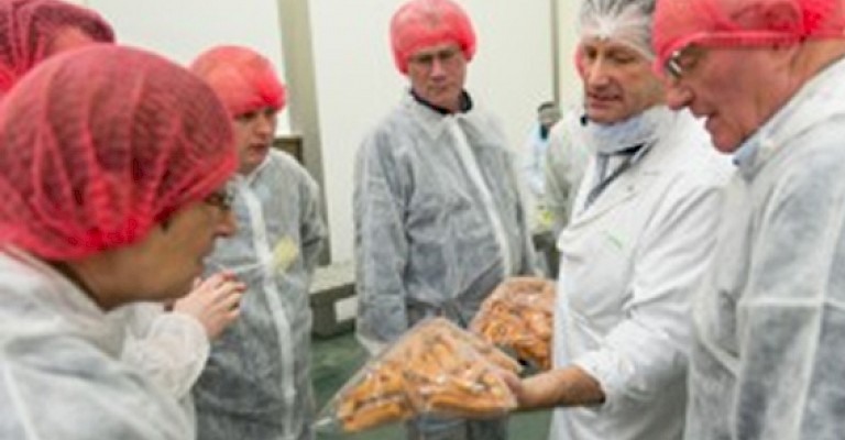 Betriebsleiter Bernd Janning zeigt den Fanvertretern im Convenience-Betrieb Allfein Feinkost, welche vorgefertigten Produkte WIESENHOF aus Geflügelfleisch produziert.